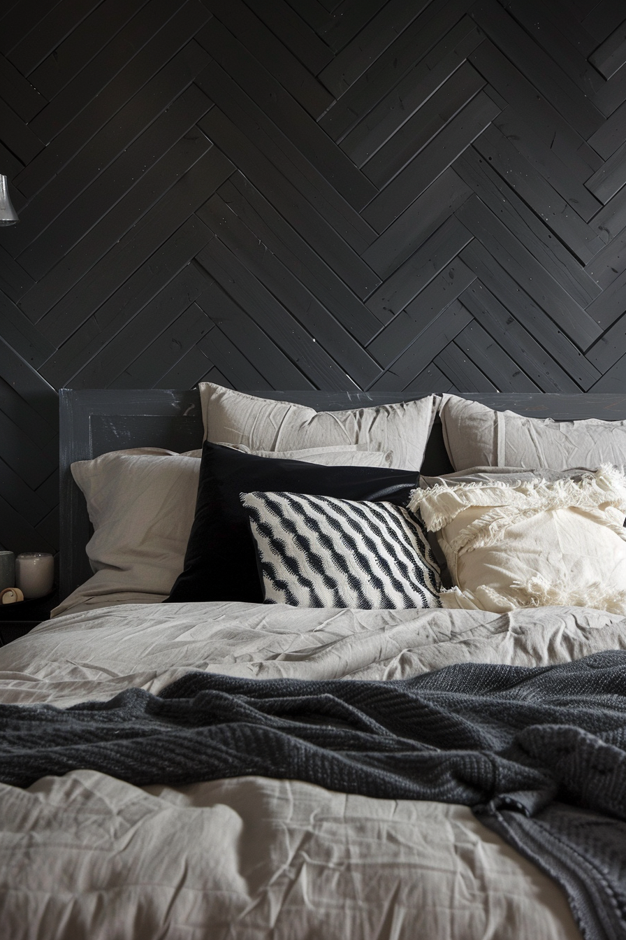 Japandi x Aztek bedroom design. Grey low-bed with chevron plywood wall.