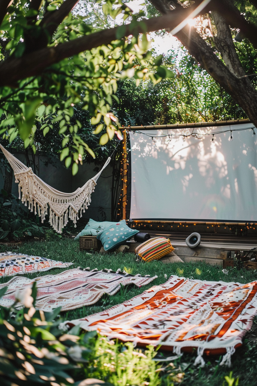 Backyard movie night. Macramé Hammock, an ivory projector screen, Boho patterned picnic blanket.