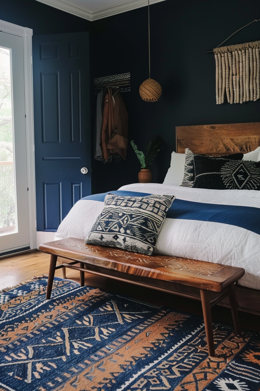 Japandi x Aztek Bedroom Design. Futon bed with inky blue Aztek rug.