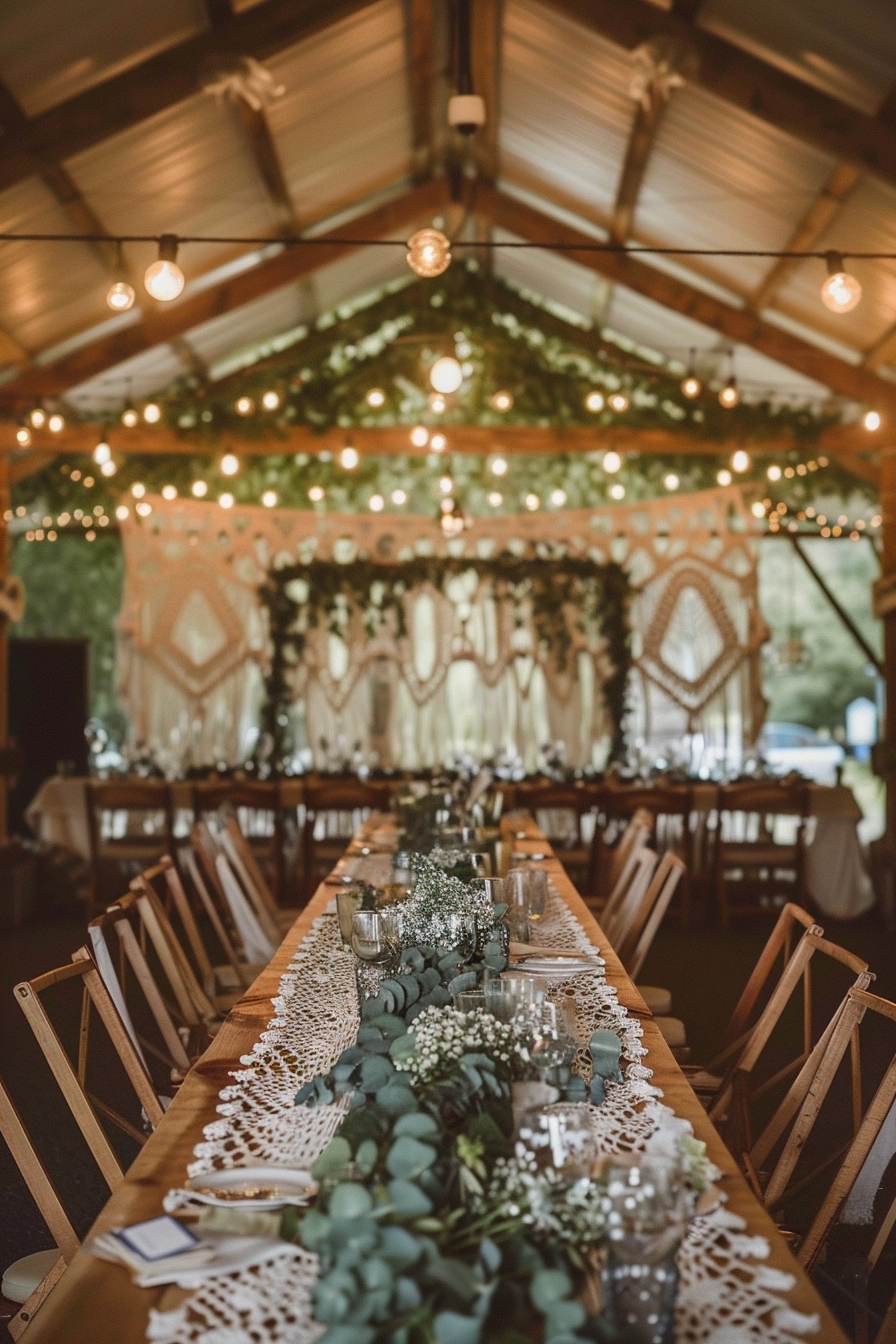 Wedding scene. Boho decor with macrame backdrops and puddled eucalyptus table runners.