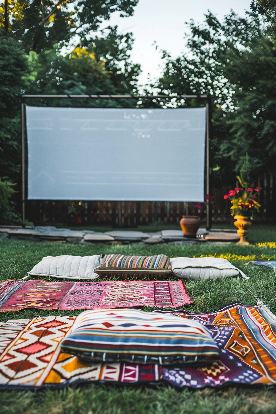 Backyard movie night. Woven cotton blankets on patchwork grass near thermoplastic projection screen.