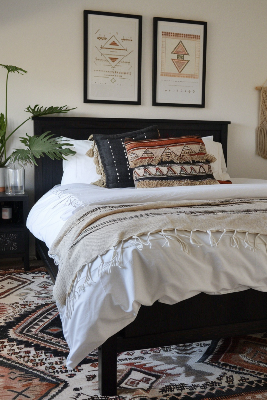 Japandi & Aztec bedroom design. Clean black bed frame with geometric Aztec-patterned rug.