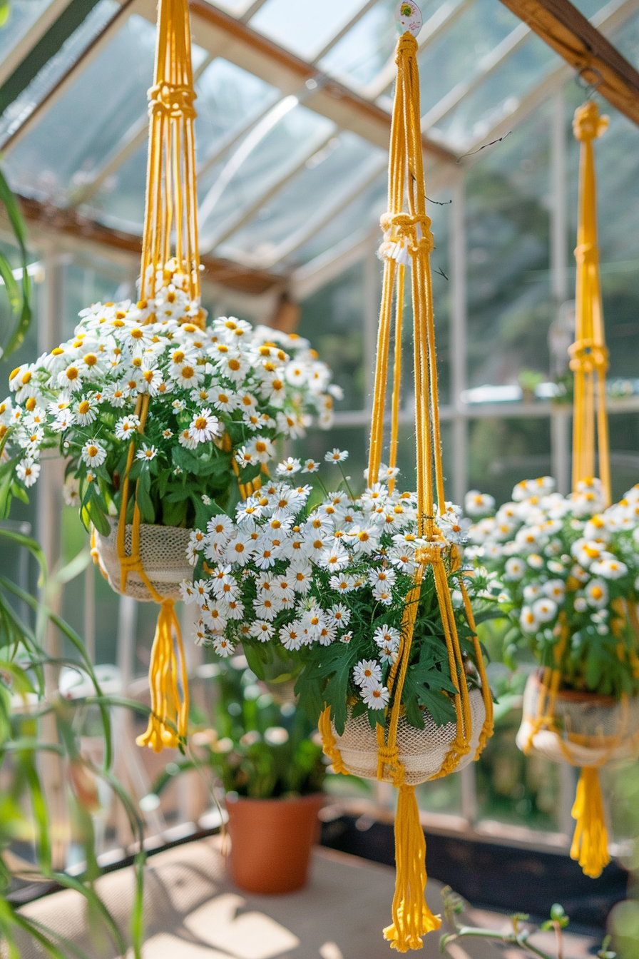 Birthday party in a greenhouse. Yellow macrame plant hangers with white flowers.