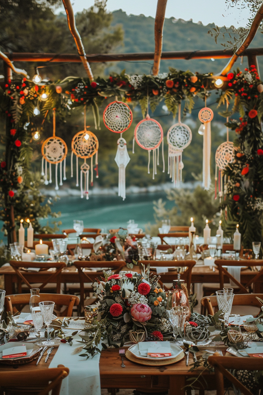 Boho wedding view. Dreamcatcher centerpieces and fairy-lit, macrame-draped wooden arches.