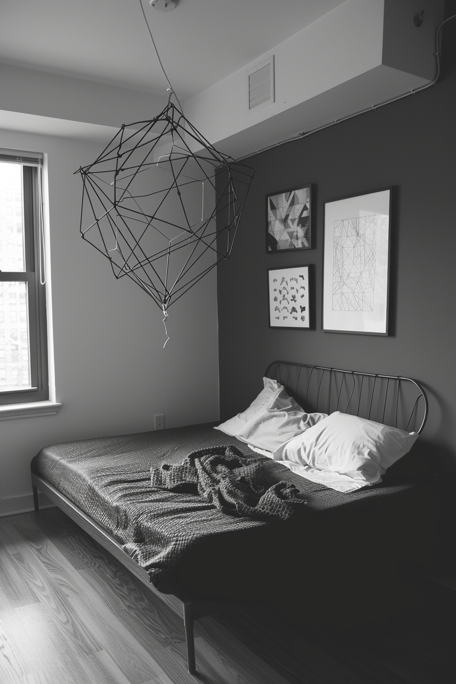 Minimalist dorm room. Monochrome color scheme with wiry geometric decor.