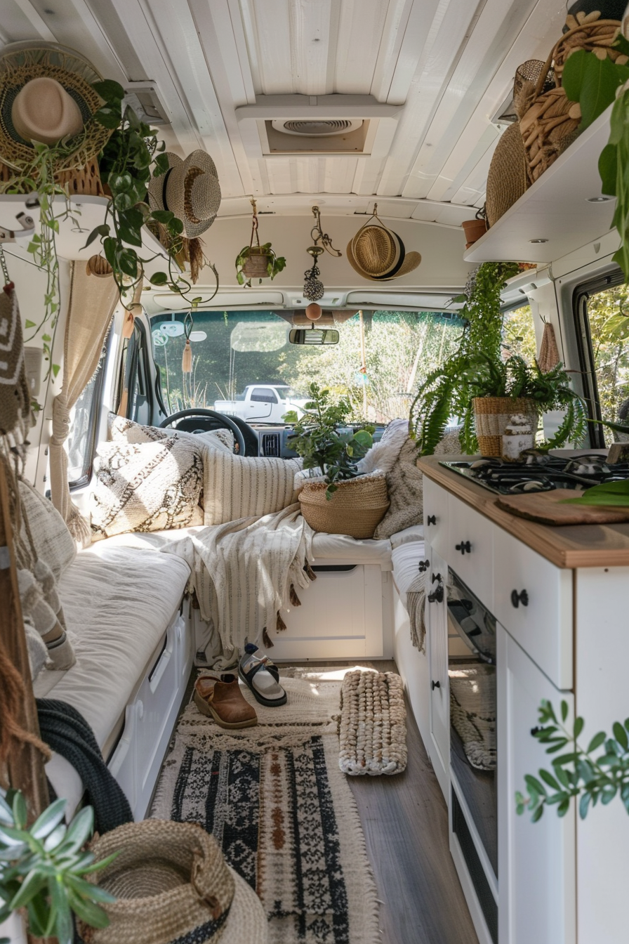 Converted Sprinter van camper. Boho design with striped woven throws and plant-filled nooks.