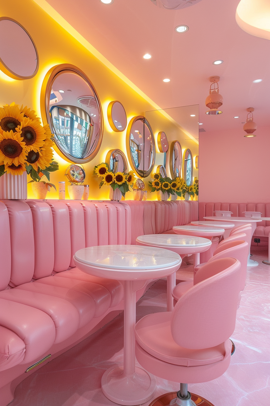 Nail salon design. Pink leather manicure table with sunflower centerpieces and circular mirror backdrop.