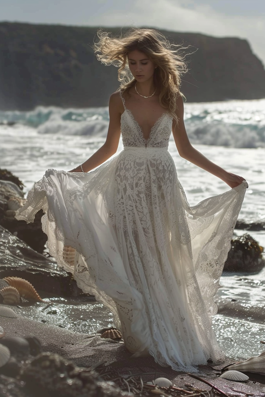 Beach wedding outfit. Flowing white lace bridal gown with shell accessories.