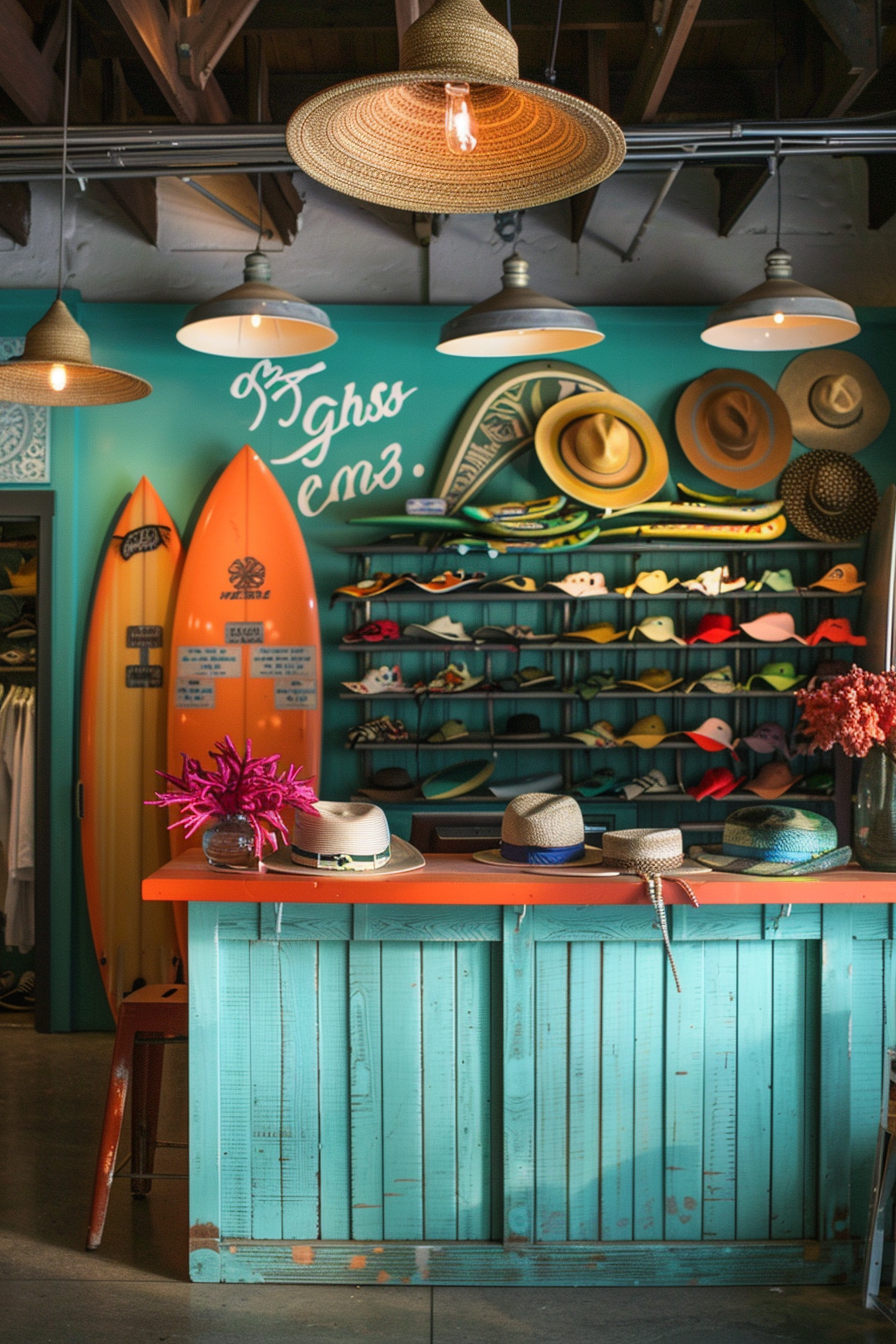 Surf shop design. Turquoise counter, coral surfboards displays, broad-rimmed hats, and bright leashed surfboards.