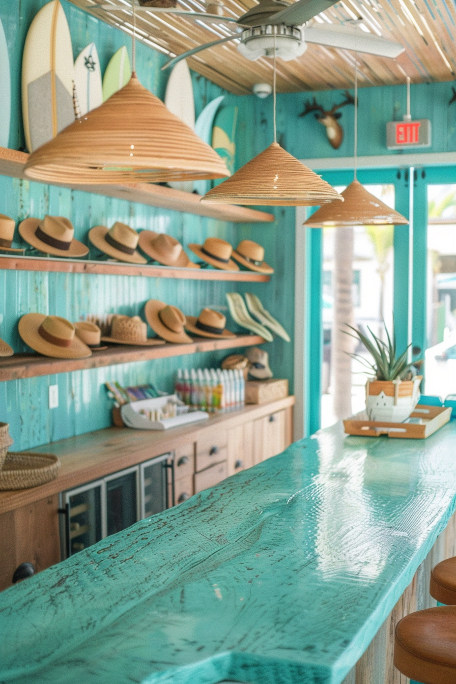 Surf shop interior. Turquoise countertop with miniature surfboard decor and straw hat display.