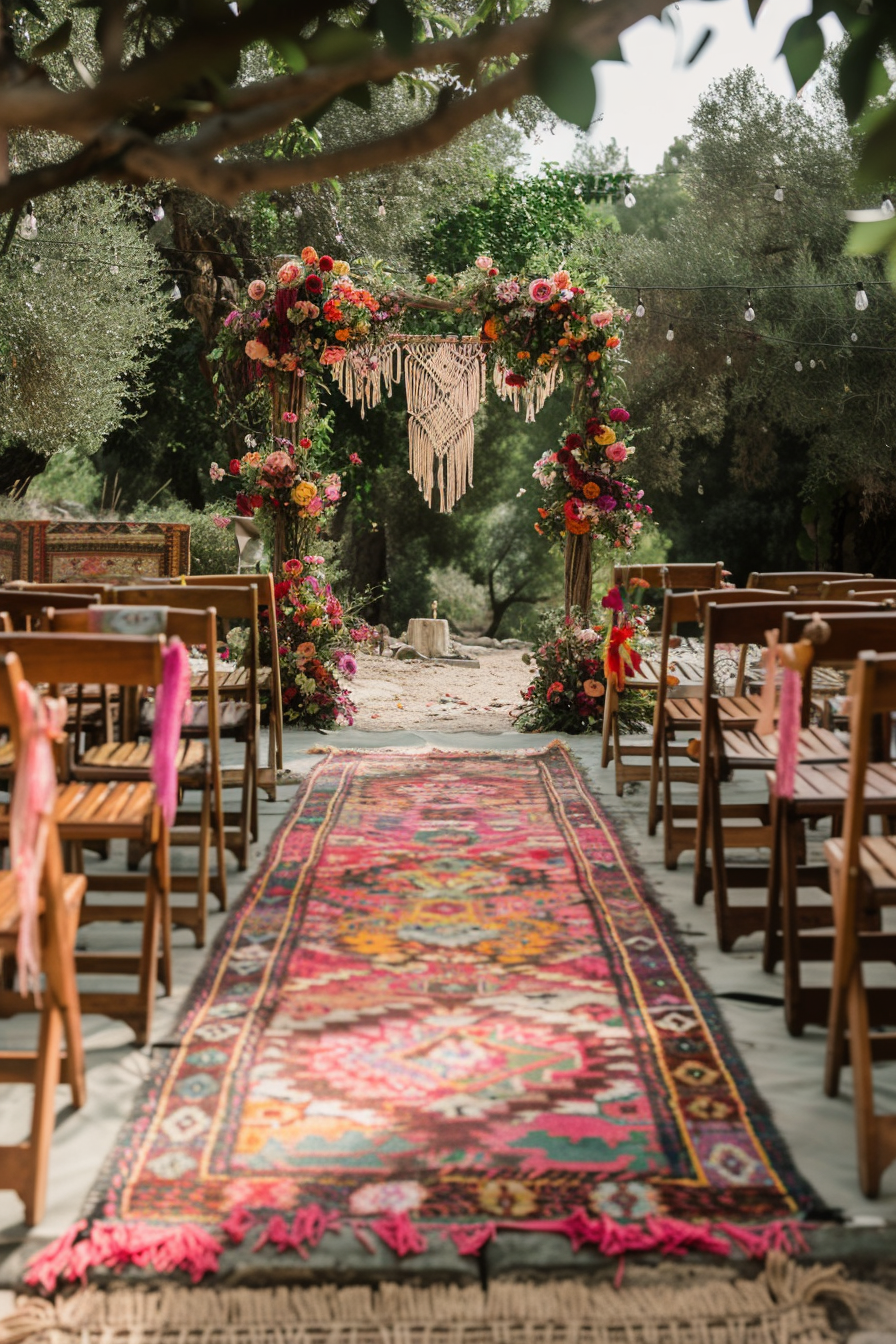 Wedding design. Macrame arches, antique furniture, colorful kilim rugs and mismatched chairs arrangement.