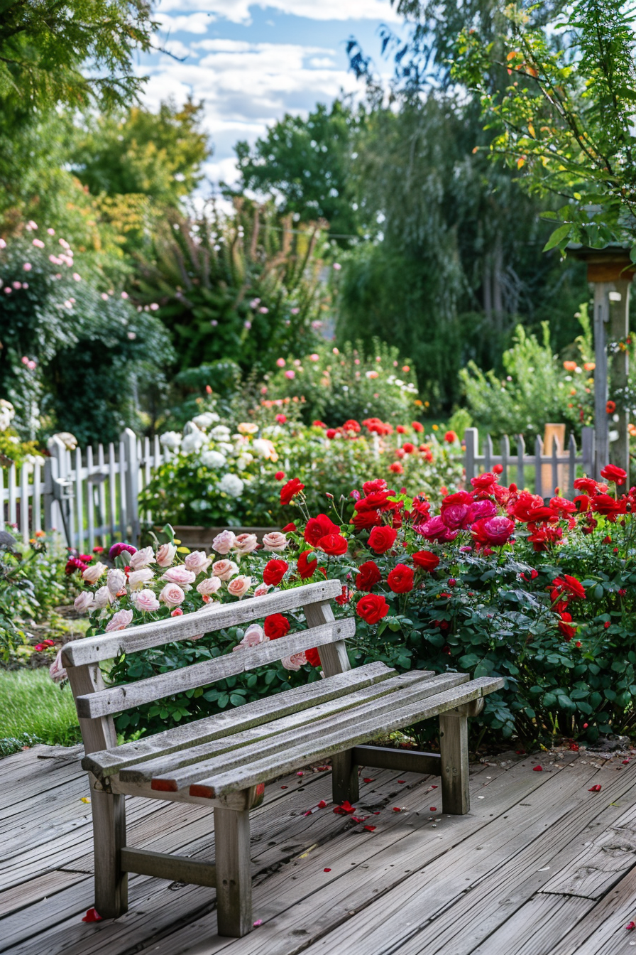 Beautiful backyard view from deck. Blooming rose garden with wooden bench.