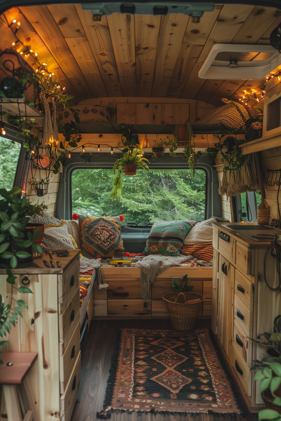 Converted Sprinter van camper. Wooden interior, succulent arrangement, dangling fairy lights, macramé on walls.