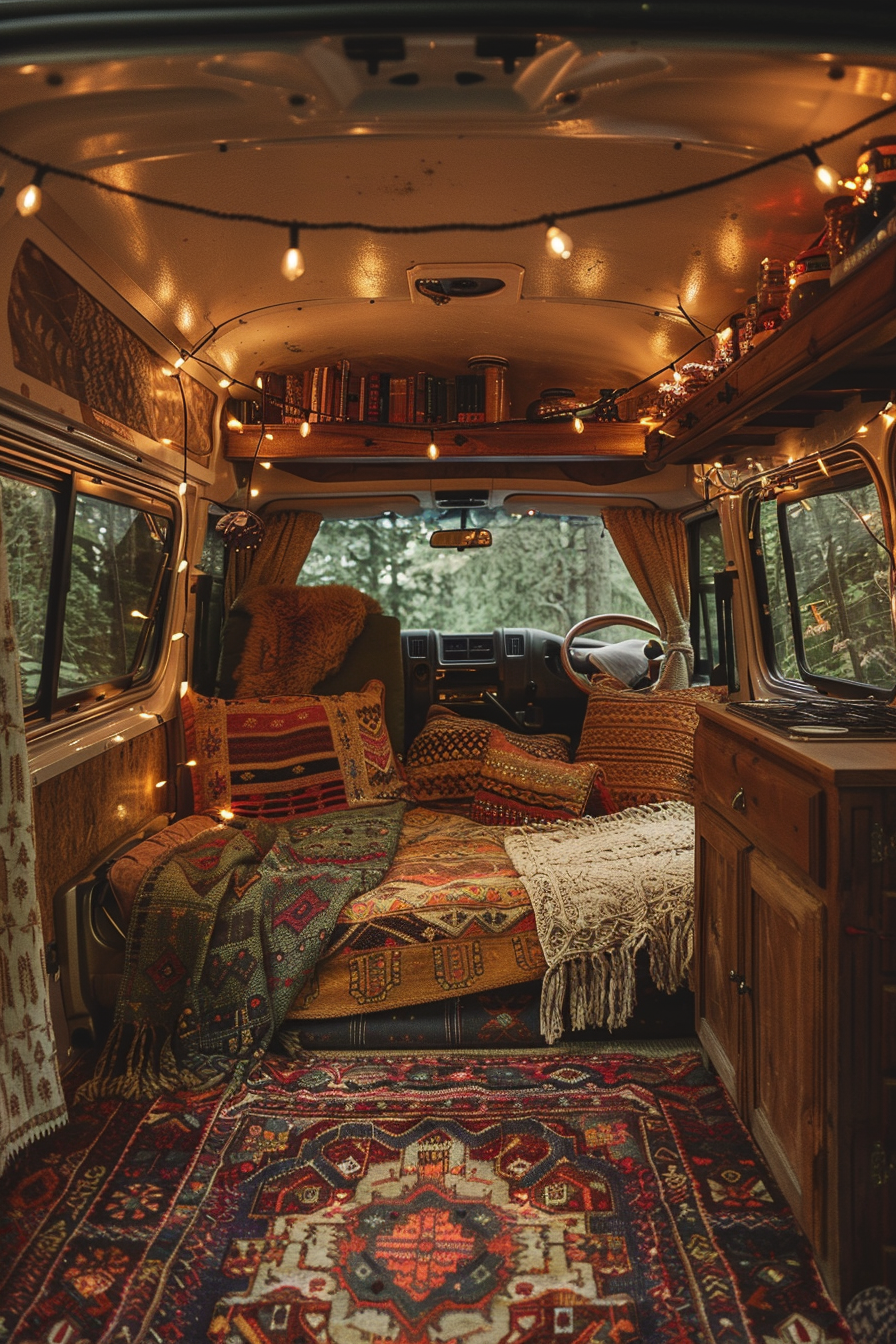 Sprinter van camper. Boho design. Plush Persian carpet, scattered cushions, fairy lights.