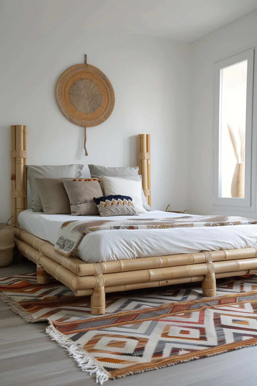 Japandi x Aztek bedroom design. Bamboo bed frame with geometric Aztec rug.