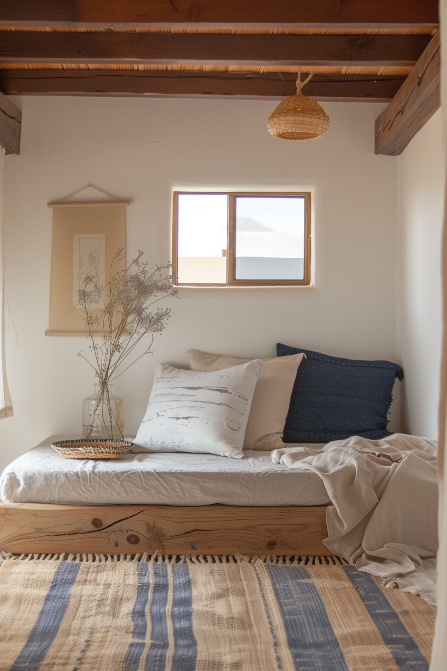 Japandi x Aztek bedroom design. Neutral toned futon on striped indigo rug.