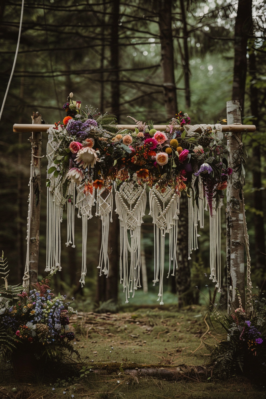 Boho wedding. Hanging macramé décor with wildflowers on an altar at a forest.