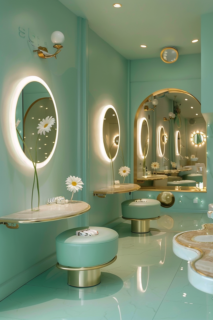 Nail salon design. Mint green walls, daisies on gold manicure tables, circle mirrors.