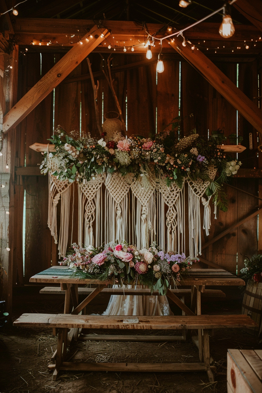 Wedding design. Wide shot of rustic barn layered with boho macrame decorations and wildflowers.