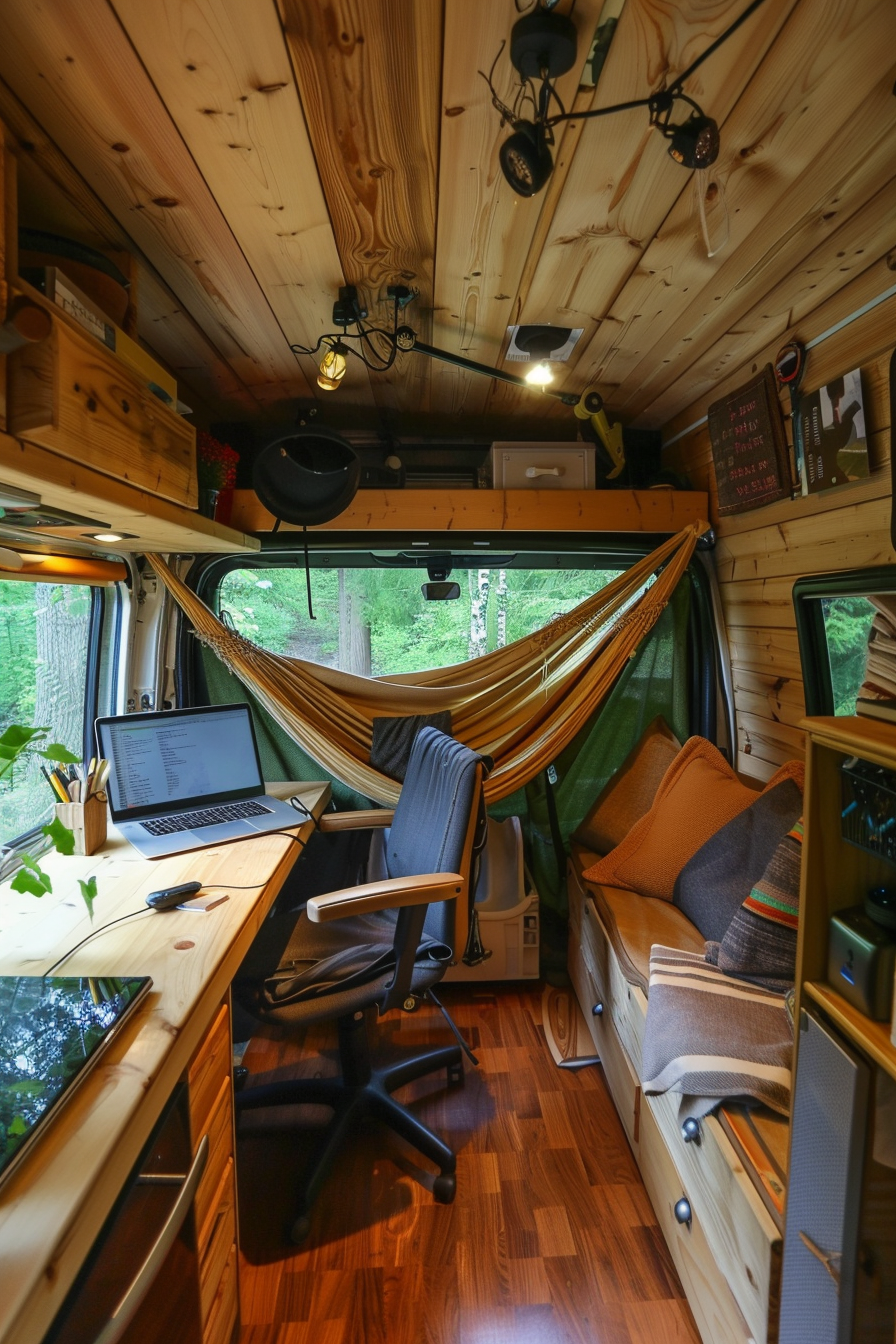 Camper Van interior. Forest-themed workspace with a convertible desk and hammock.