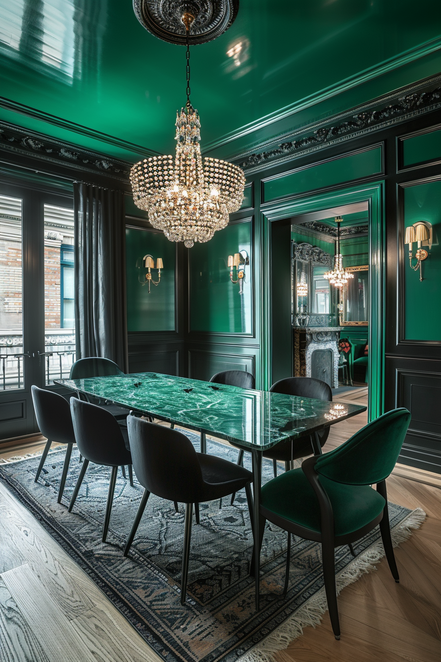 Modern chic dining room. Emerald green walls with black trim and a crystal chandelier.