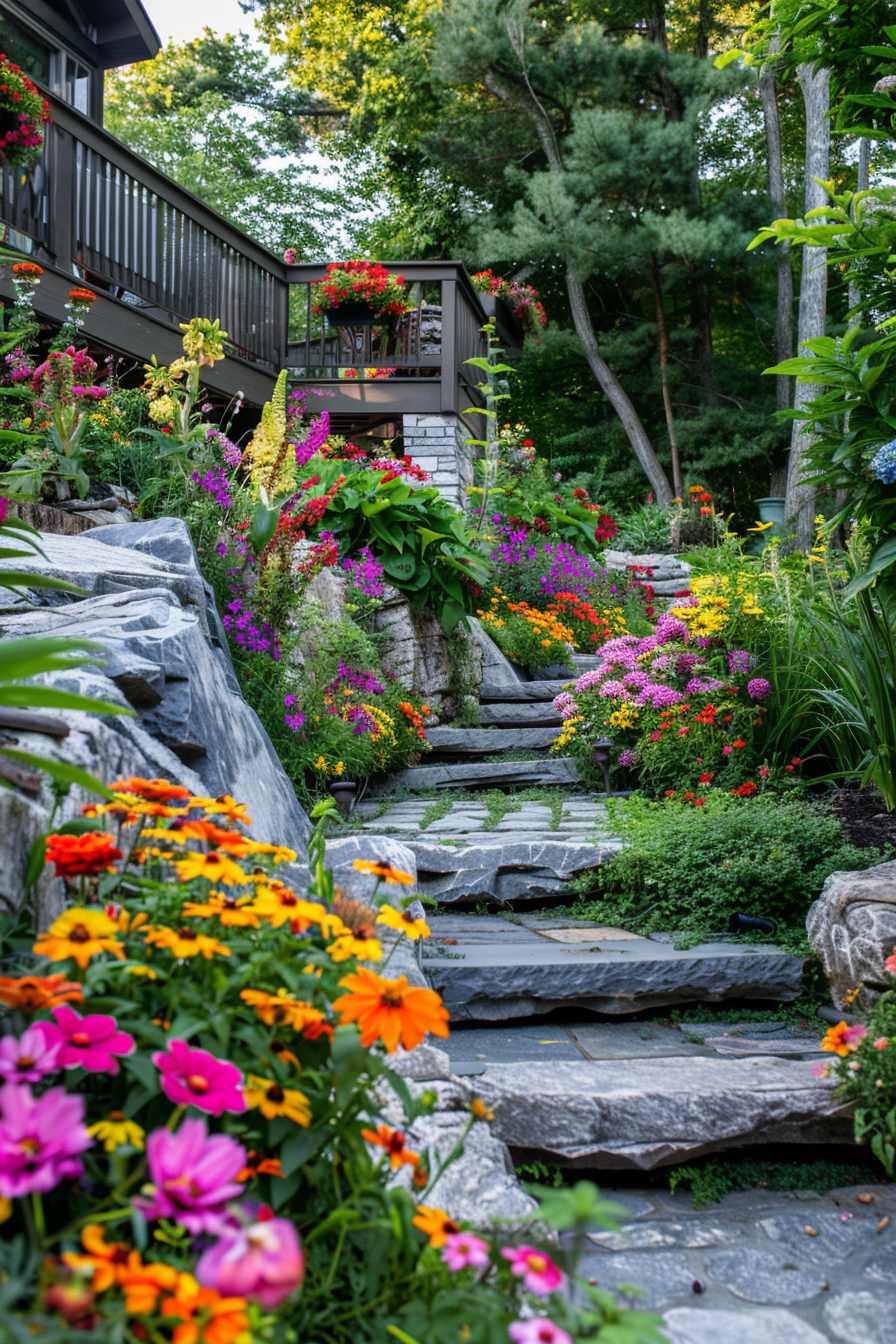 Beautiful backyard view. Vibrant flower garden with stone path by deck.