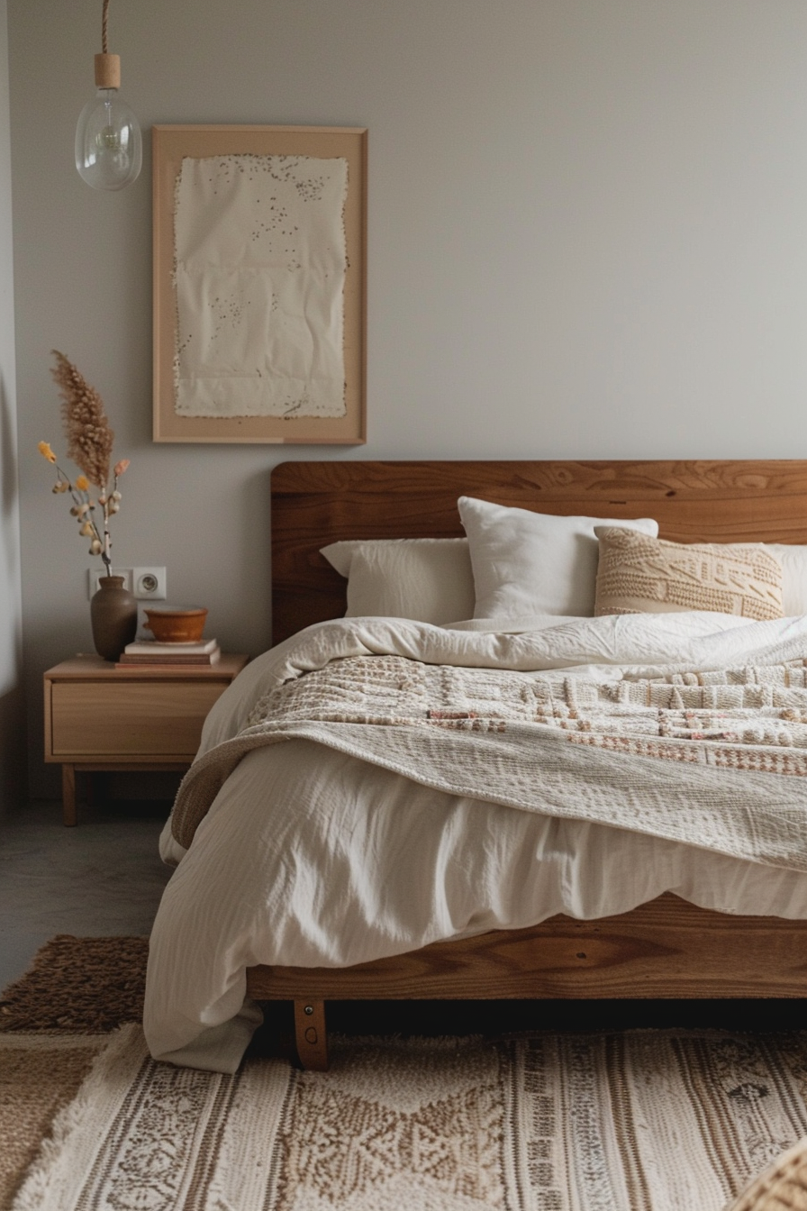 Japandi Aztek bedroom design. Minimalistic wooden bed with cream Aztec print duvet.