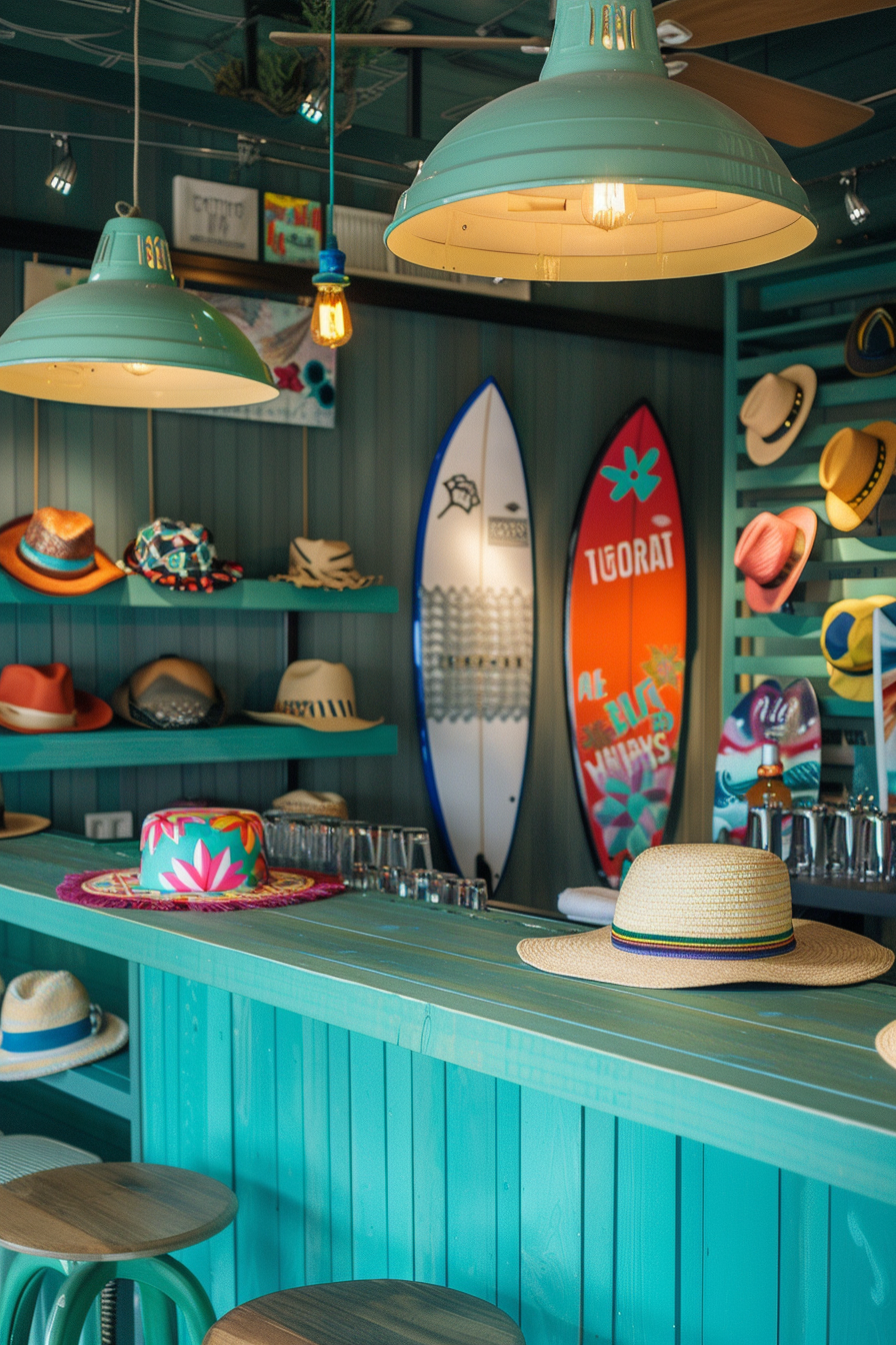 Surf shop design. Turquoise counter with distinctive surfboard decorations and bright sun hats.