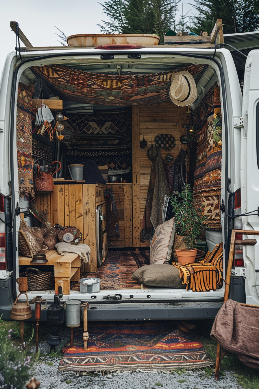 Converted Sprinter van camper. Displaying intricate boho-tapestry and handmade wooden furniture.