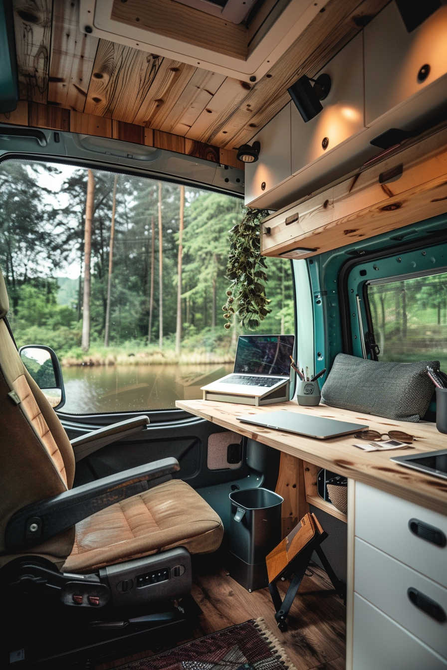 Camper van interior. Foldable desk near panoramic window.