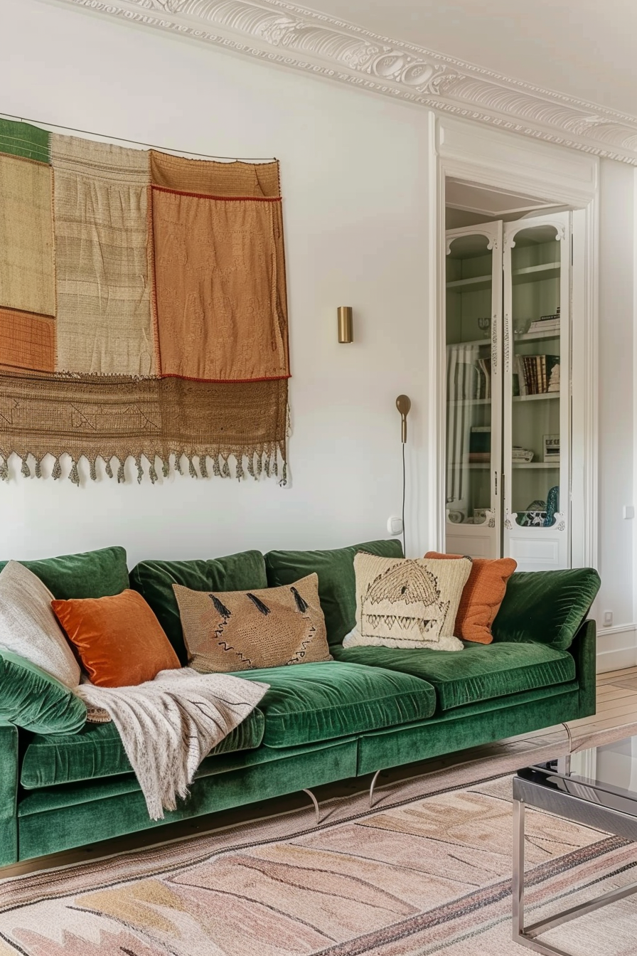 Wide view living room. Green velvet sofa with textile wall hanging.