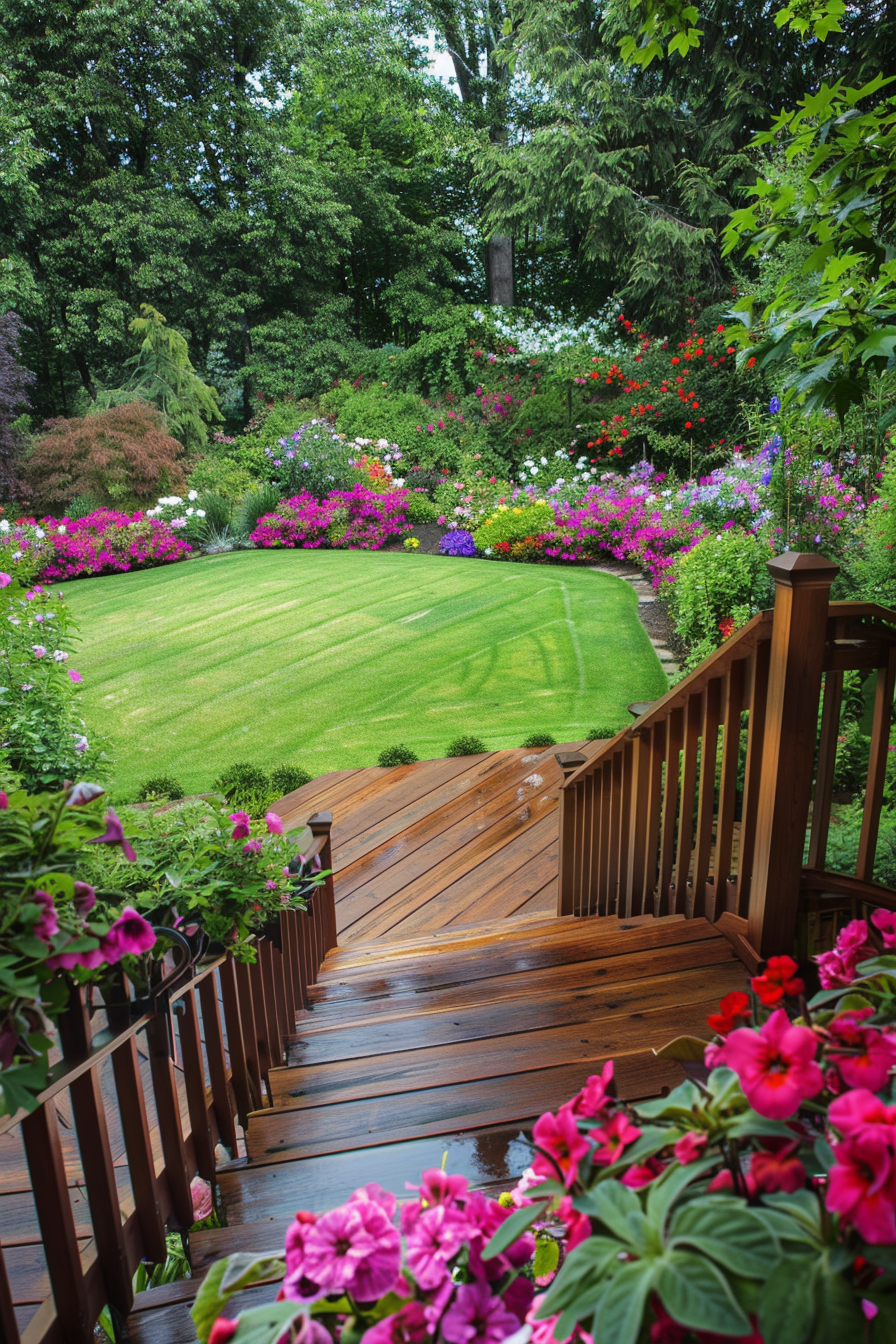 Beautiful Backyard view. Teak deck overlooking a neatly manicured lawn with vibrant flower beds.