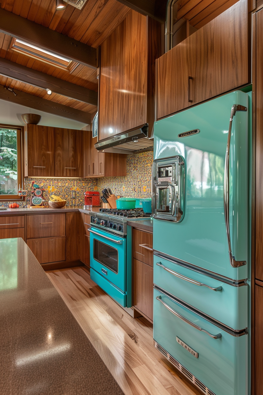 Mid Century modern kitchen. Turquoise appliances with teak wood cabinetry.