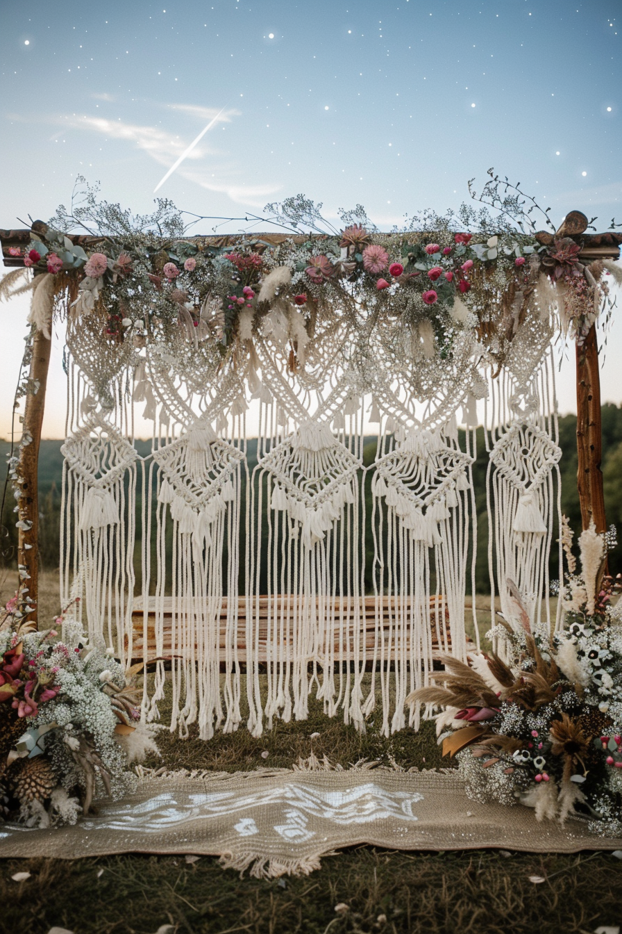 Wedding scene. Boho decoration with macrame backdrop and wildflower arrangements under a clear starlit sky.