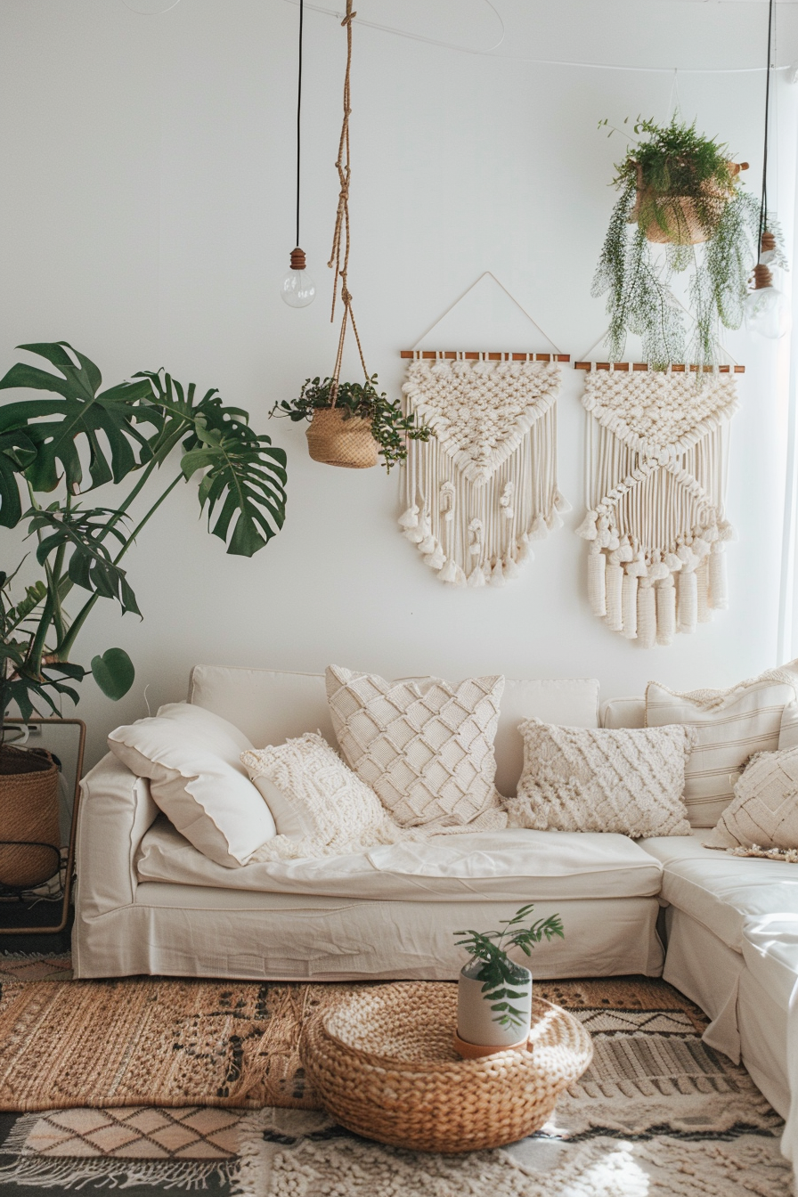 Wide view. Boho-modern living room with earthy textures, macrame wall hanging, and potted monstera plant.