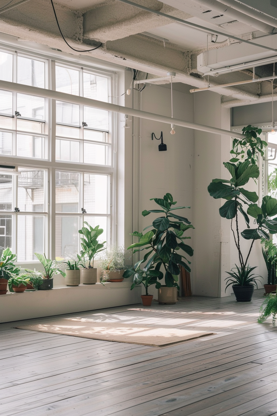 Japandi Yoga studio. Green plants, wooden flooring, floor-to-ceiling windows, white walls, minimalistic decor.