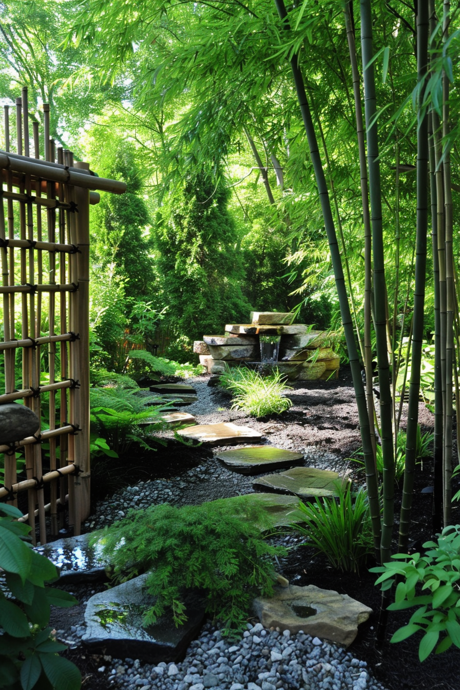 Beautiful backyard view. Japanese-style garden with lush bamboo ridge.