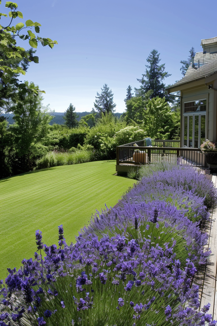 Beautiful backyard view from a deck. Lavender plants bordering green manicured lawn.