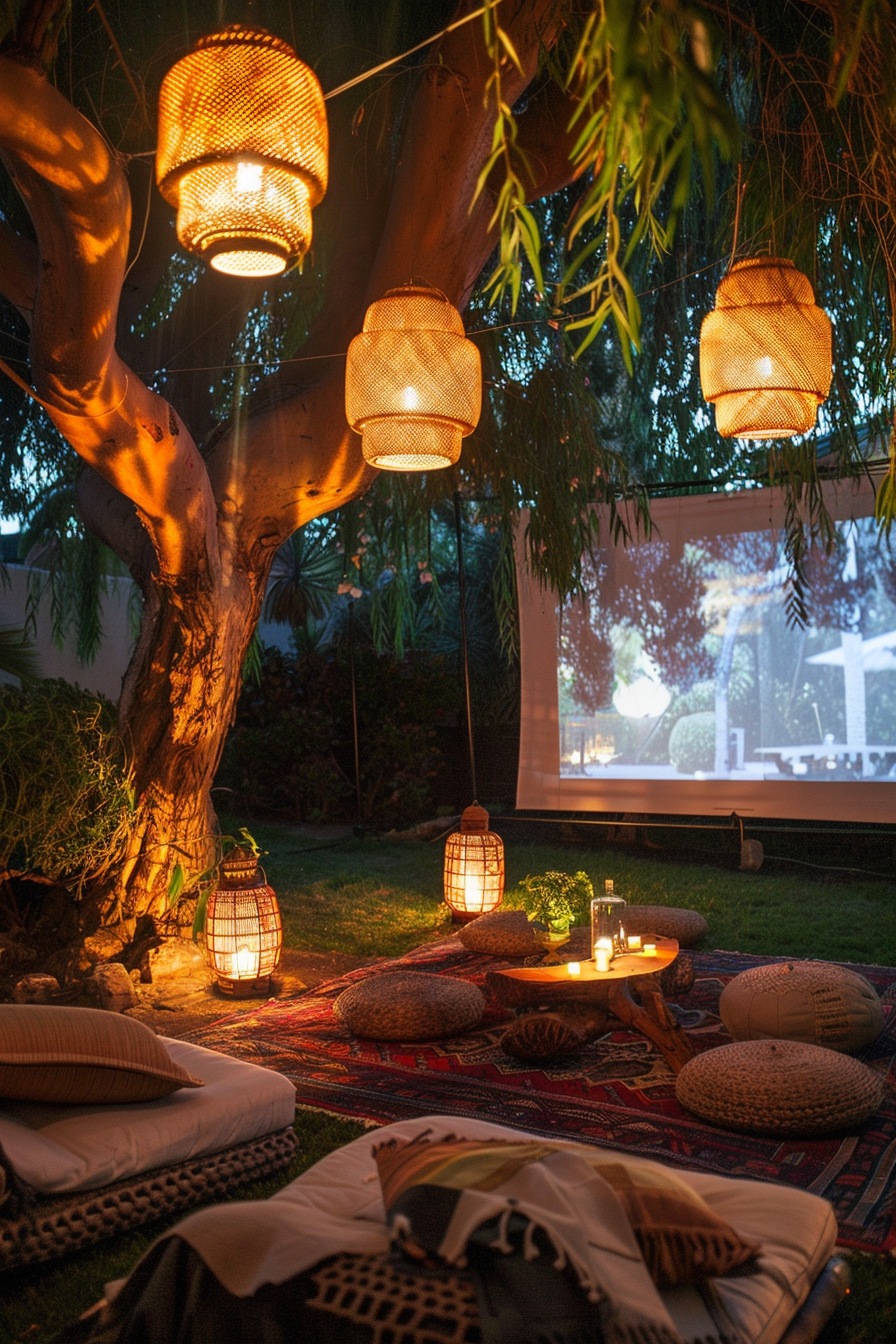 Backyard movie night. Projector screen nestled in willow tree with rattan lanterns.