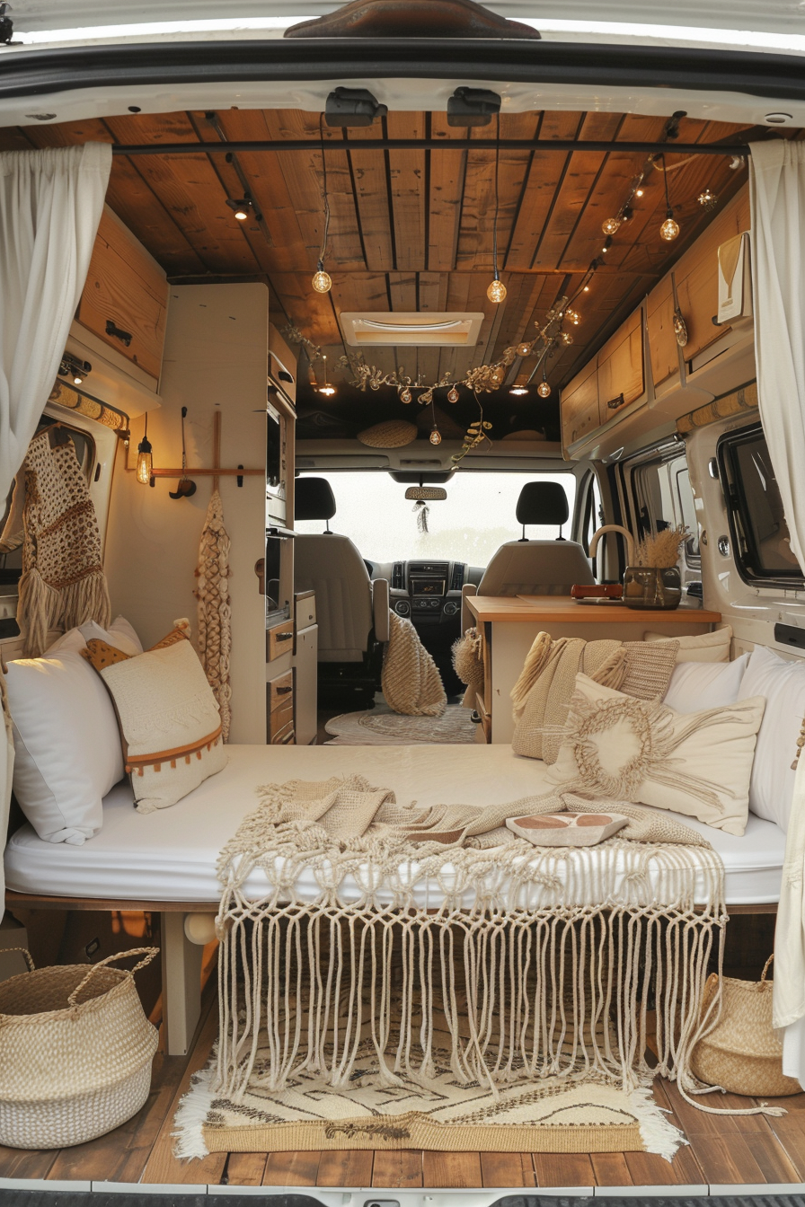 Modern camper van interior. Teak wood fixtures with cream macramé accents.