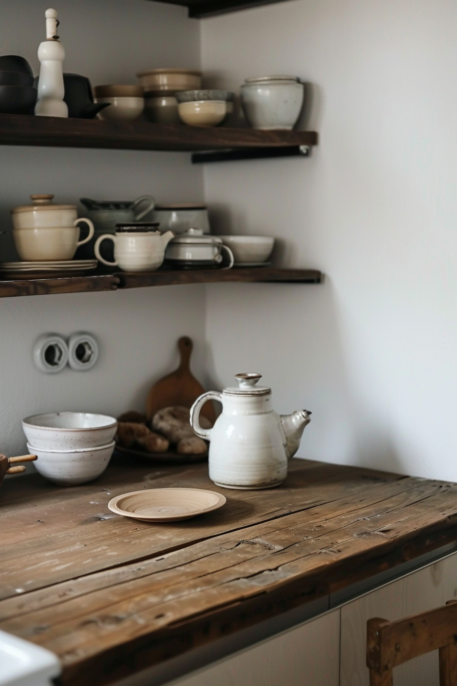 Japandi kitchen. Wooden countertops with white ceramic teapot.