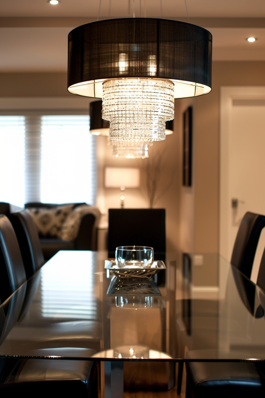 Dining room. Glass-top table with black high-back chairs.