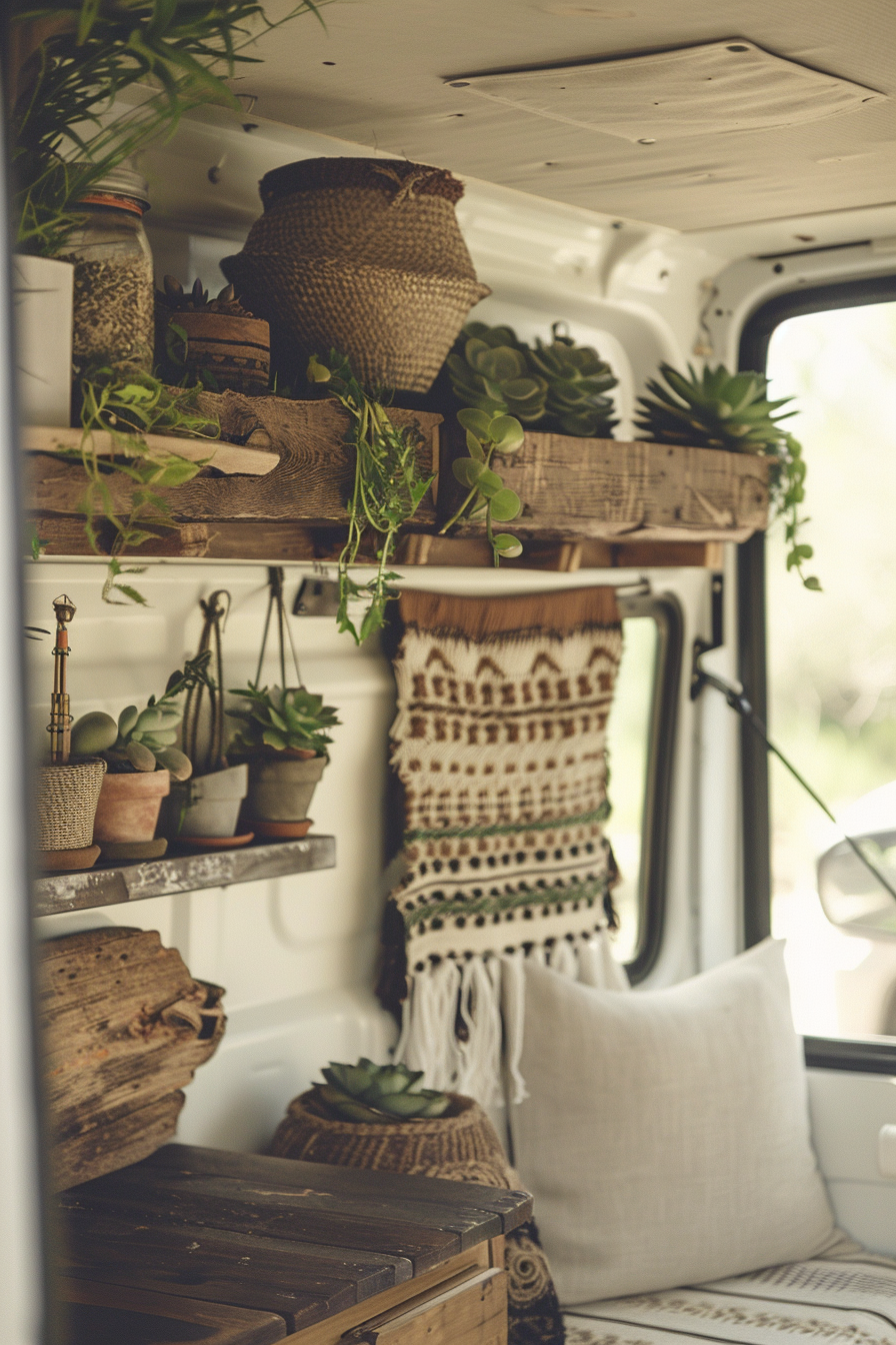 Modern camper van interior. Hanging woven tapestry with miniature succulents on rustic wooden shelves.