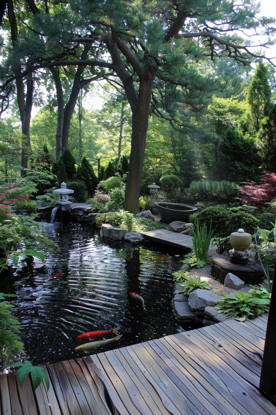 Beautiful backyard view from deck. Fishpond surrounded by Japanese maples and stone sculptures.