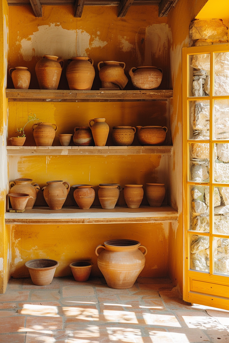 Clay workshop. Terracotta pots on open shelves, sunlit room with lemon yellow painted walls.