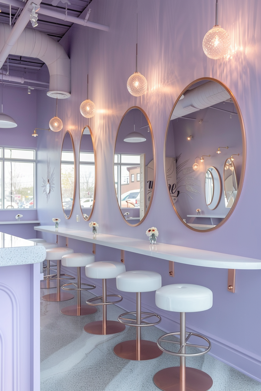 Nail salon design. Lavender walls, white manicure tables, large copper mirrors, daisy accents.