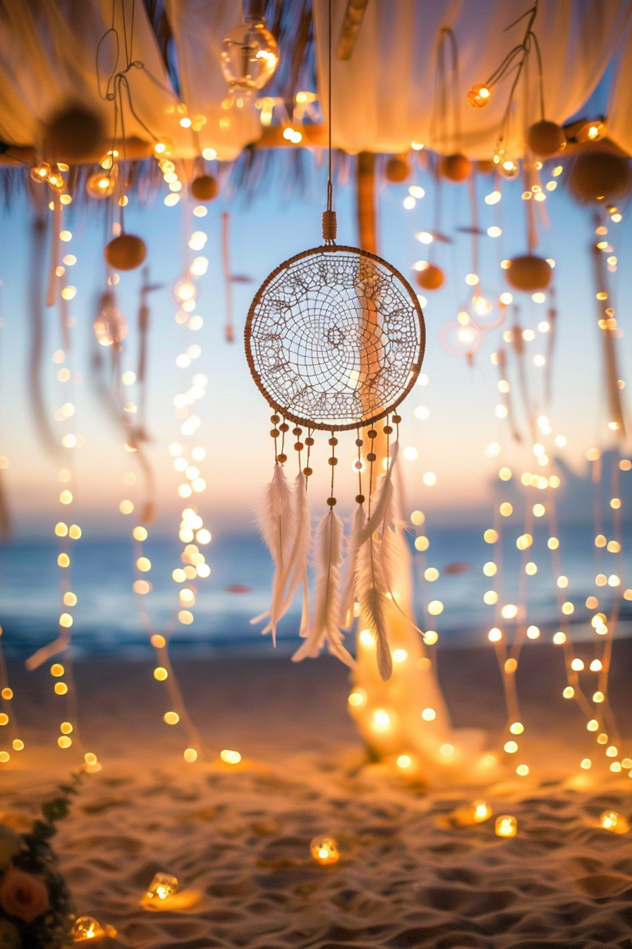 Boho beach wedding. Dreamcatcher-style ceremony backdrop interwoven with pale amber fairy lights.