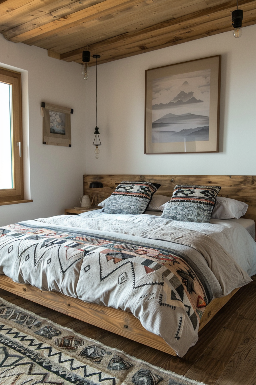 Bedroom design. Organic oak wood bed with Aztec-patterned panels in Japandi placement.