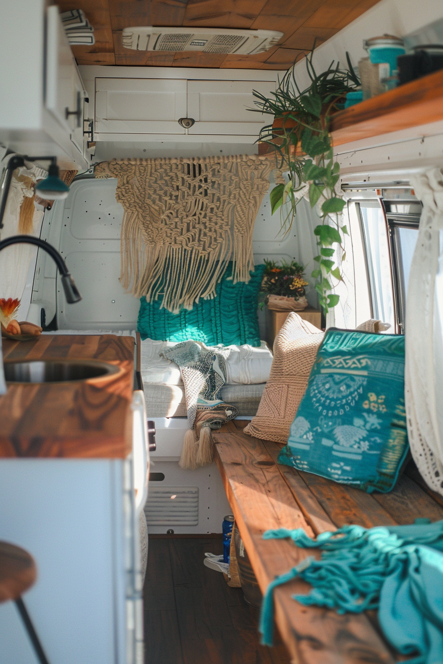 Converted Sprinter van camper. Wooden countertops, bright macrame hangings and turquoise throw pillows.