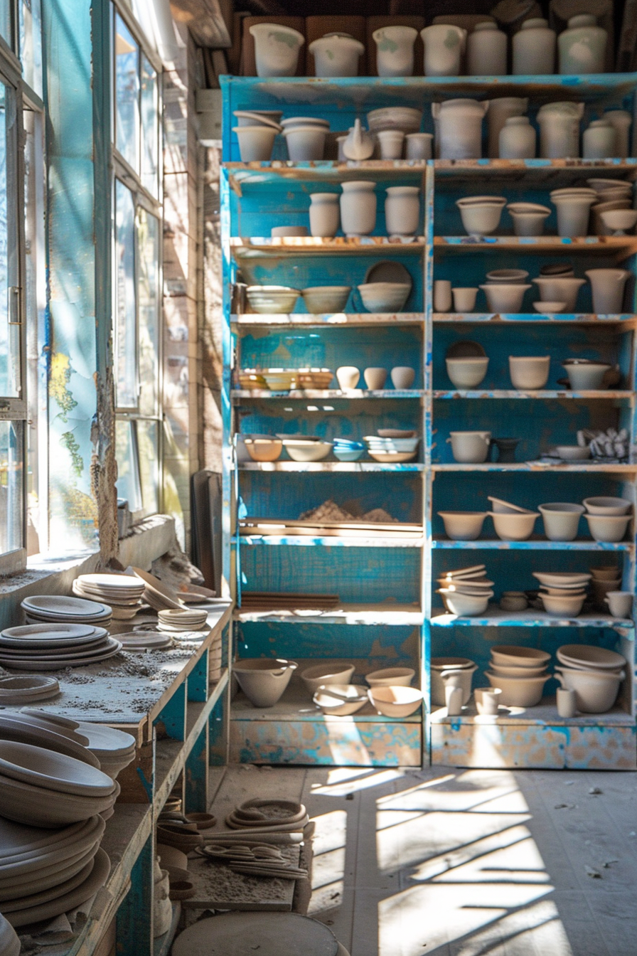 Clay workshop. Cerulean blue display shelves against sunlit room with pottery storage.